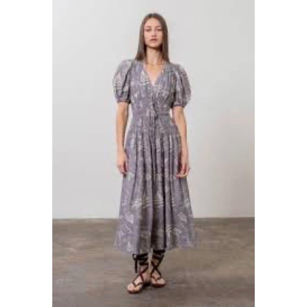 Moon River Blue Fern Print Smocked Waist Puff Sleeve V Neck Midi Dress Size M